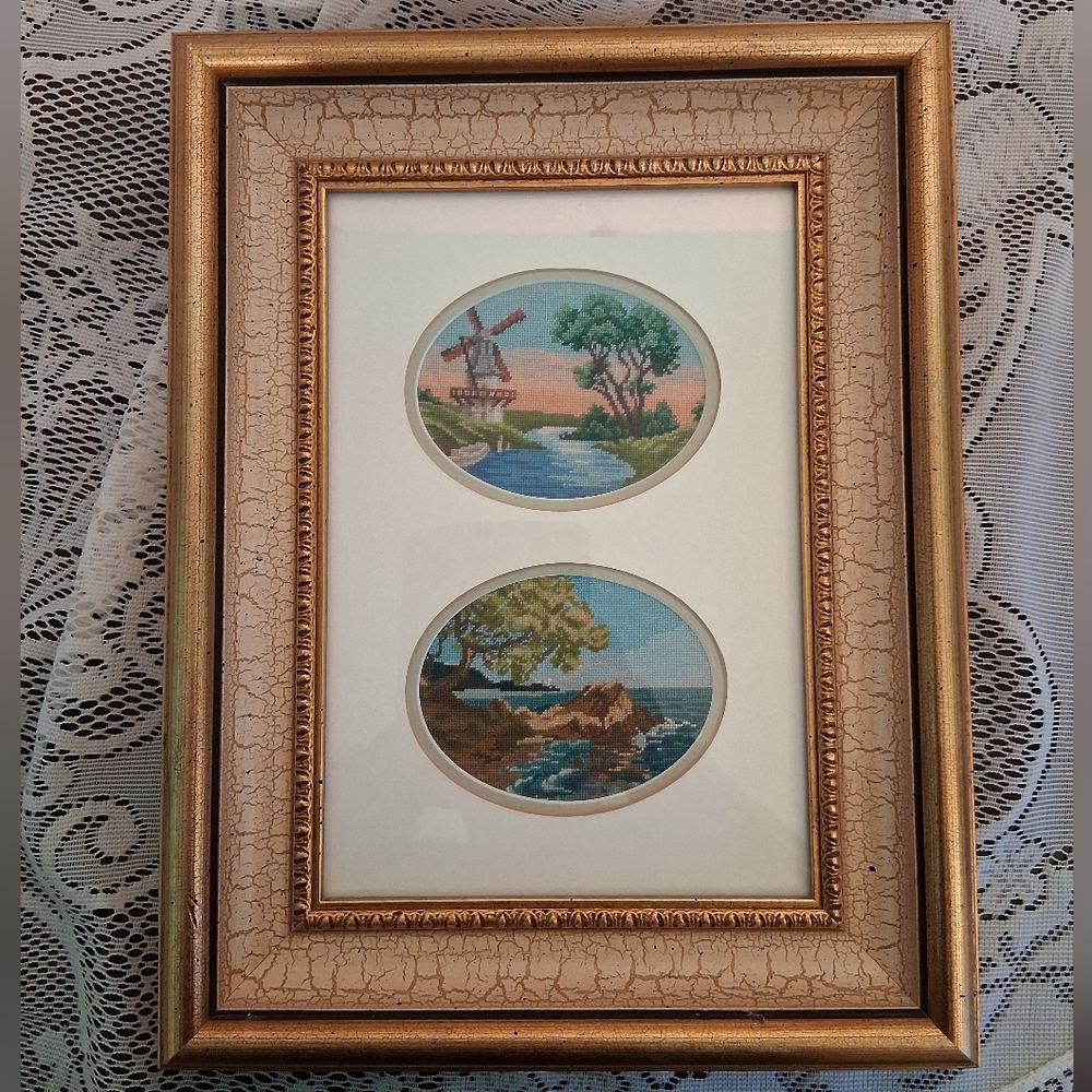 Petit Point 2 Dutch (?) Scenes -  Wall Art - Framed, Matted And Under Glass 3592